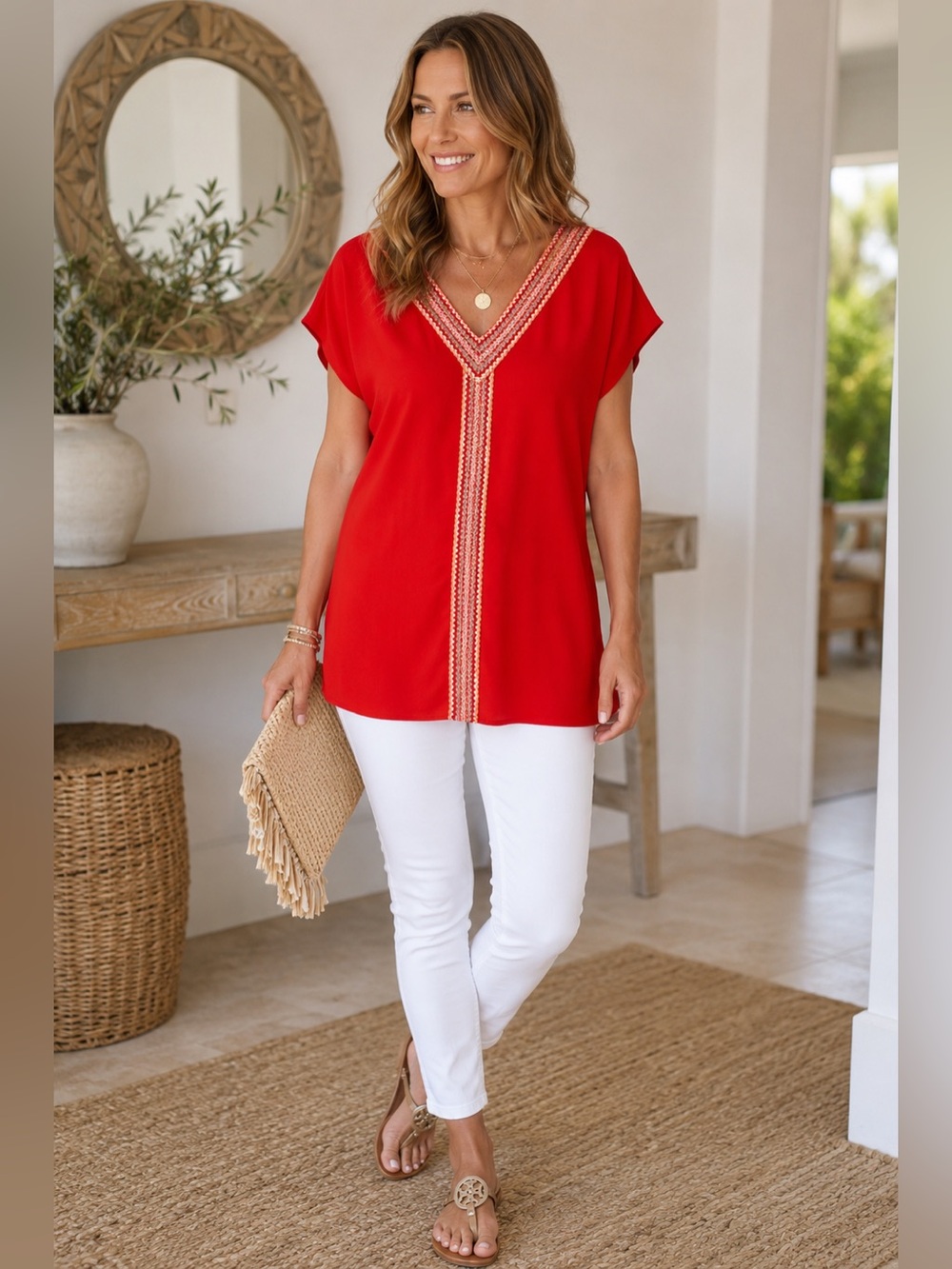Buckley K Red Tunic with Embroidered Trim Pockets – Size M